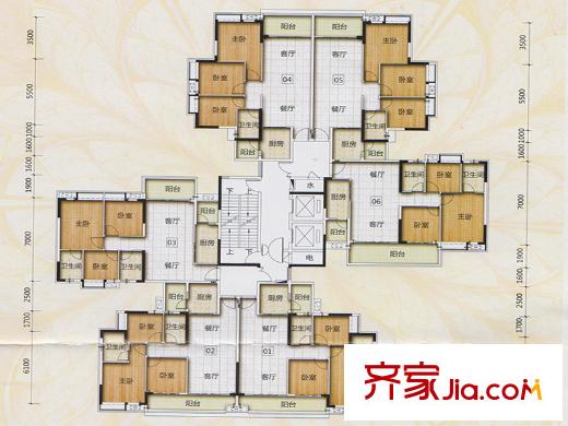越秀・岭南雅筑13栋标准平面户型图 3室2厅2卫1厨