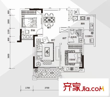 丰泰城市公馆1栋A02户型 2室2厅1卫1厨