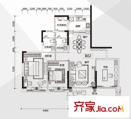 丰泰城市公馆2-3栋B02户型 3室2厅2卫1厨