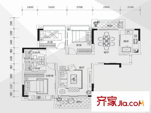 丰泰城市公馆1栋A01户型 3室2厅2卫1厨