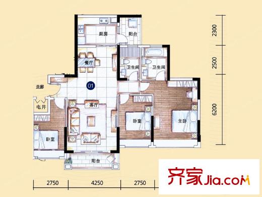 敏捷・金月湾15座01户型 3室2厅2卫1厨