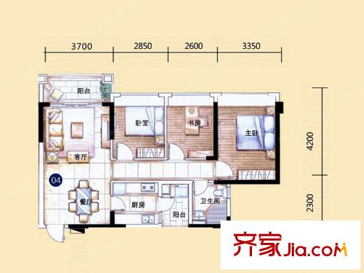 敏捷・金月湾15座04户型 3室2厅2卫1厨