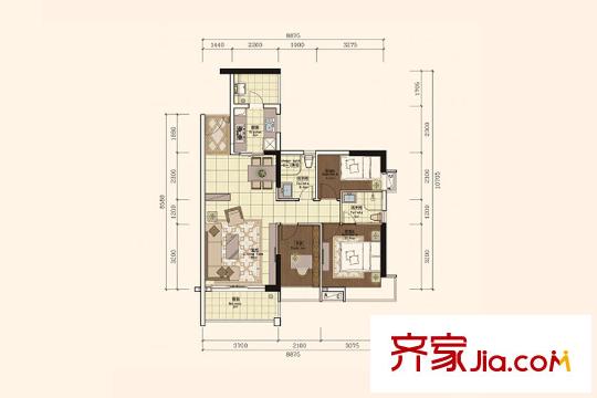 正太广场B栋1/2户型 3室2厅2卫1厨
