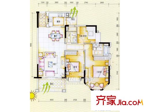 倚莲半岛三房户型图 3室1厅1卫1厨