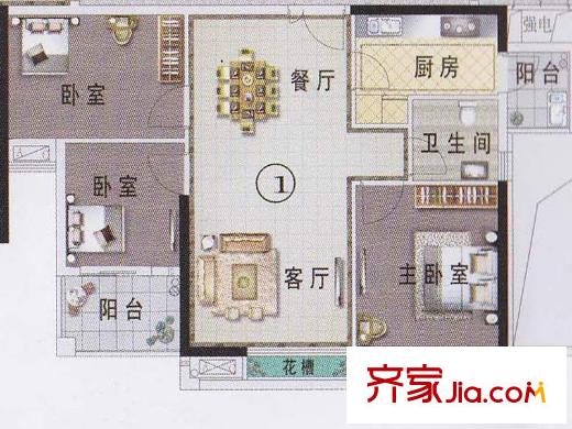 东湖映月F1栋01户型 3室2厅1卫1厨