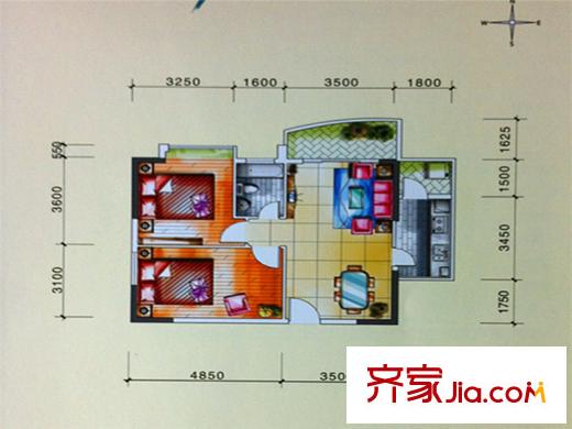 银山尚橙13-28层07单元 2室2厅1卫1厨