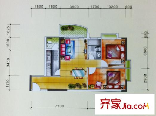 银山尚橙13-28层08单元 2室2厅1卫1厨