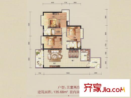 金沙御苑6栋04户型 3室2厅2卫1厨