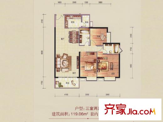 金沙御苑6栋01户型 3室2厅2卫1厨