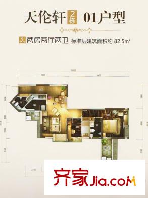 中环品悦天伦轩2栋01户型 2室2厅2卫1厨