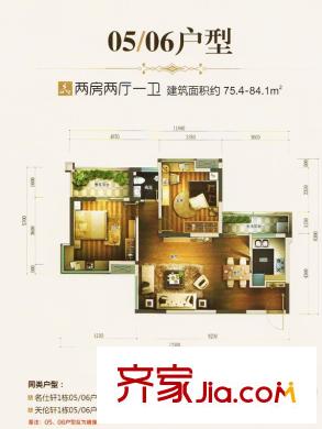 中环品悦名仕轩2栋05/06户型 2室2厅1卫1厨