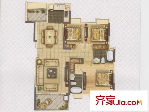 海珠湖景峰D1栋01户型 3室2厅2卫1厨