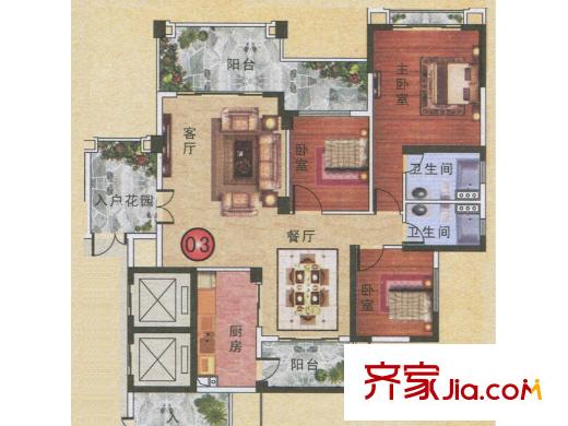 金海岸花园・聚湖19座1、2梯03户型 3室2厅2卫1厨