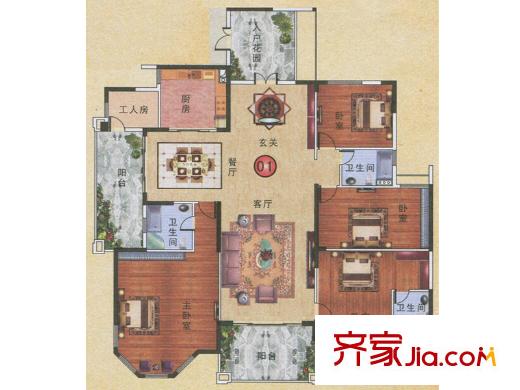 金海岸花园・聚湖19座1、2梯01户型 5室2厅3卫1厨