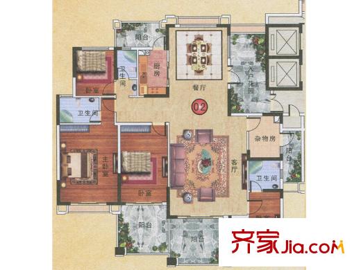 金海岸花园・聚湖19座3梯02户型 4室2厅3卫1厨