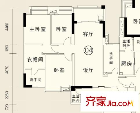 骏文雅苑C座04户型-西向 3室2厅2卫1厨