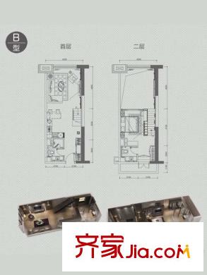 合生骏景广场B户型3D效果图 1室1厅1卫1厨