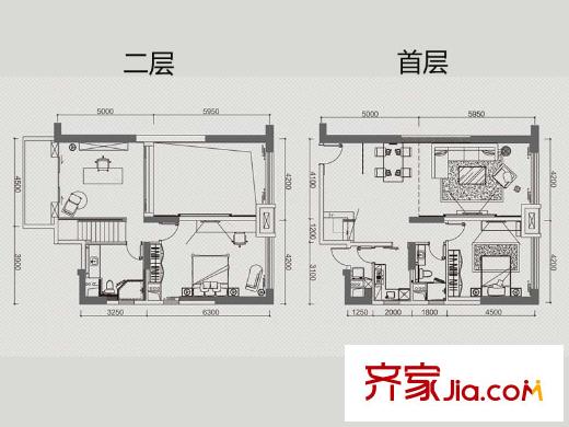 合生骏景广场D户型loft公寓户型图 3室2厅2卫1厨