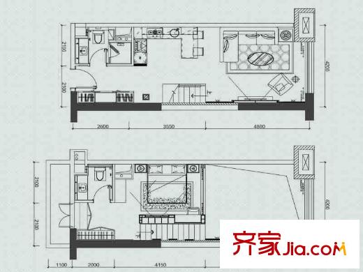 合生骏景广场B户型loft公寓户型图 1室1厅1卫1厨