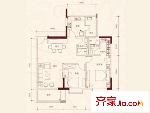 南国公馆D2栋03单位户型图 2室2厅2卫1厨