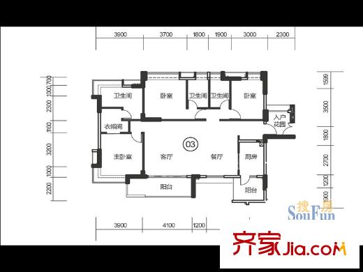 越秀・可逸江畔三期22栋03户型 3室2厅3卫1厨