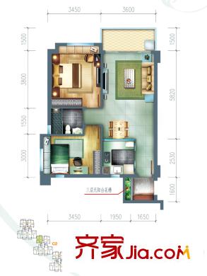 观山苑三期三期c2栋73方户型图 2室2厅1卫1厨