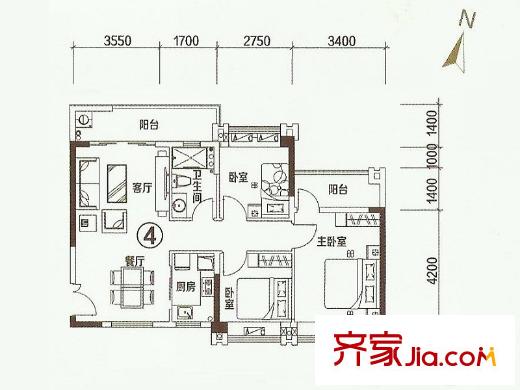 东城华庭二期B2栋04户型 3室2厅1卫1厨