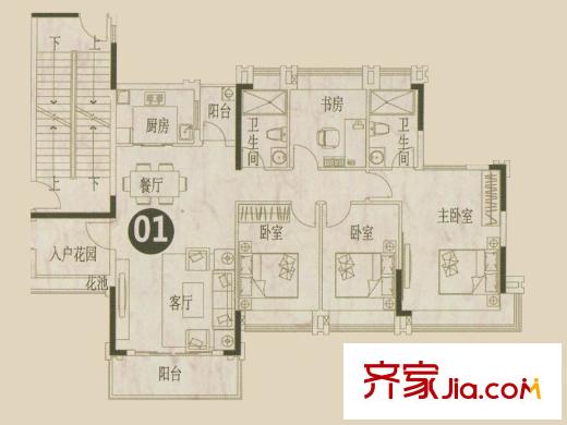 东城华庭A4栋5-26层01户型 4室2厅2卫1厨