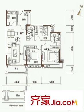 东城华庭二期B2栋01户型 3室2厅2卫1厨