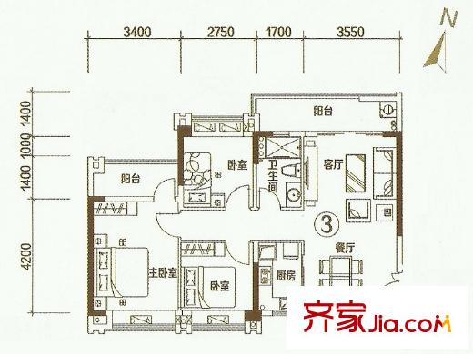 东城华庭三期B3栋03户型 3室2厅1卫1厨