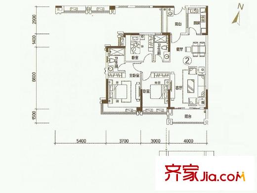 东城华庭三期B3栋02户型 3室2厅2卫1厨