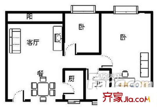 金碧御水山庄户型图2室2厅户型图 2室2厅1卫1厨