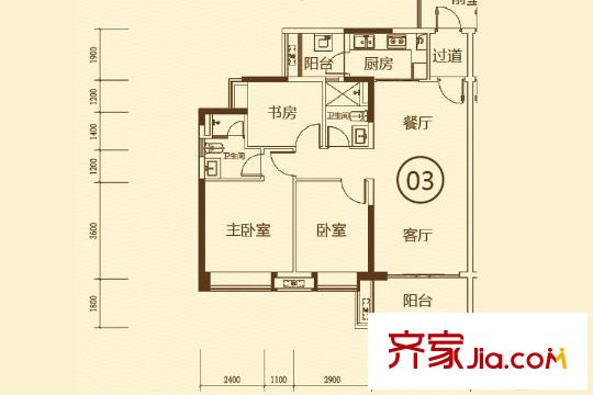 保利平方米熙1栋03户型 3室2厅2卫1厨