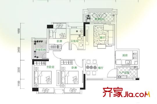 中森茗苑12-14栋04户型84平 3室2厅1卫