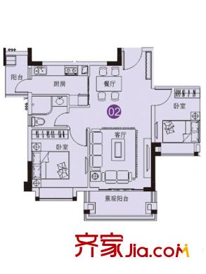 中森茗苑1栋02户型 2室2厅1卫1厨