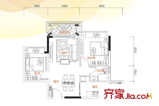 中森茗苑12-14栋05户型67平 2室2厅1卫