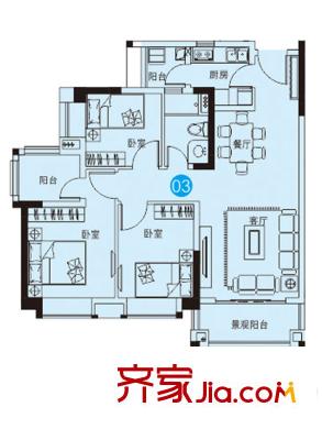 中森茗苑1栋03户型 3室2厅1卫1厨