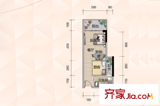 悦尚公馆D户型 1室1厅1卫1厨