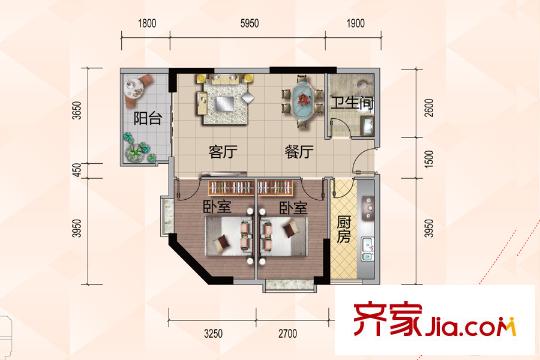 悦尚公馆C户型 2室2厅1卫1厨