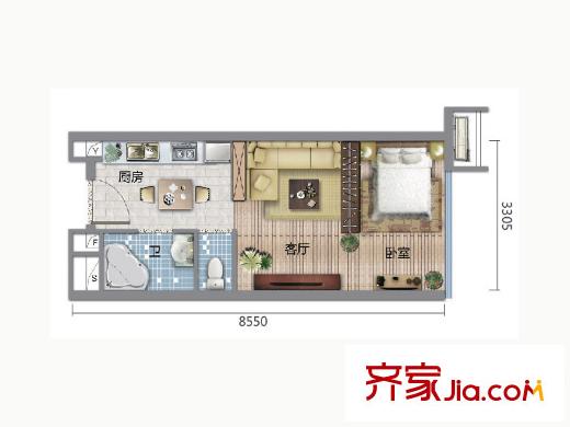 天河・新天地A户型单间户型图 1室2厅1卫1厨