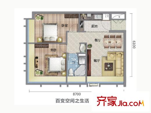 天河・新天地D户型两房户型图 2室2厅1卫1厨