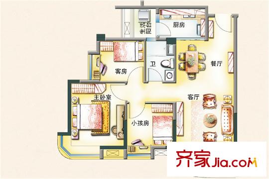 碧桂园・中新首府J367A户型 3室2厅1卫1厨