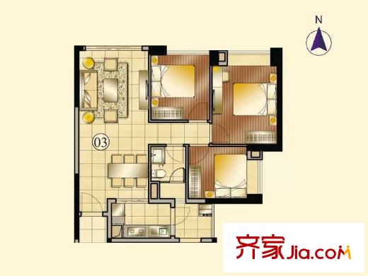 合景天峻A1栋/A2栋/A4栋03户型 3室2厅1卫1厨