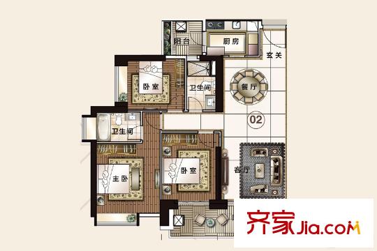 富力东山新天地D1栋02户型 3室2厅2卫1厨