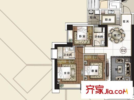 富力东山新天地华府组团02户型 3室2厅2卫1厨
