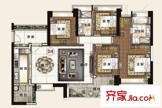 富力东山新天地D1栋04户型 4室2厅2卫1厨