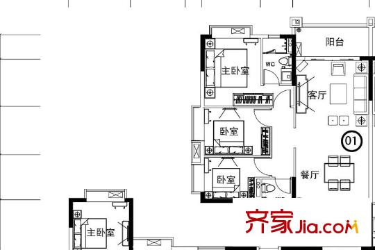 翡翠绿洲91栋01户型 3室2厅2卫1厨