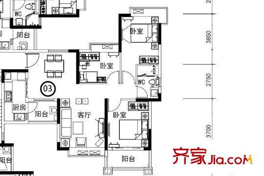 翡翠绿洲95栋03户型 3室2厅1卫1厨