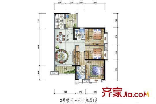 保利学府里3号楼3-39层1户型 3室2厅2卫1厨