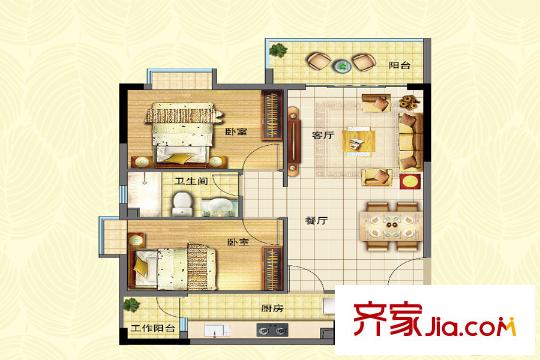 宏康小筑B栋3-9标准层01房户型图 2室2厅1卫1厨